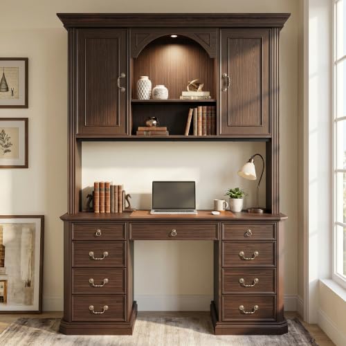 Lighted Writing Desk with Hutch and Drawers, 62" W x 82.7" H, Brown, view 2