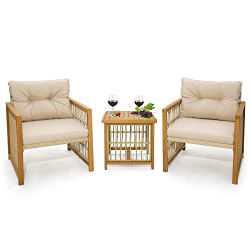 3 Pieces Acacia Wood Patio Furniture Set, PE Wicker Bistro Set with Cushioned Chairs and Coffee Table, Outdoor Conversation Set for Porch, Deck, Balcony, Backyard (Beige)