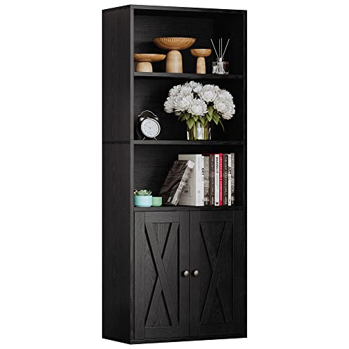 5-Tier Bookshelf, 11.8in Depth Bookcase with Doors Industrial Bookshelf with Storage,Floor Standing Display Storage Shelves for Home Office, Living Room, Industrial Black