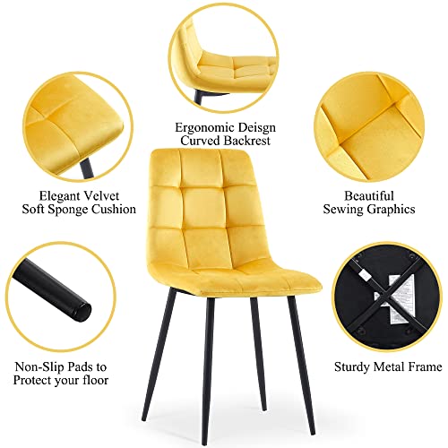 Yellow Velvet Dinner Chairs Set of 2, Modern Armless Biscuit Tufted Dining Side Chairs with Metal Legs for Kitchen Living Room Vanity
