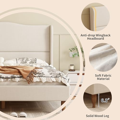 Wingback Upholstered Platform Bed with 50.6 Inch Tall Headboard, Beige, view 8