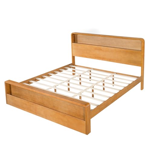King Solid Wood Platform Bed with Open Storage Headboard, Light Brown, view 8