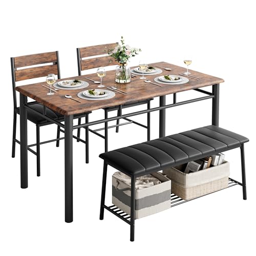 Dining Table Set for 4, Kitchen Table with Upholstered Bench and 2 Chairs, Kitchen Table and Chairs Set for Small Space, Apartment, Rustic Brown