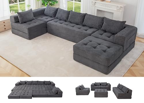 Modular Sectional Sofa Couch, Foldable U Shaped Cloud Couch with Pillows, Tufted 7-Seat Boneless Lounger Floor Sofa Bed for Living Room, No Assembly Required, Dark Grey