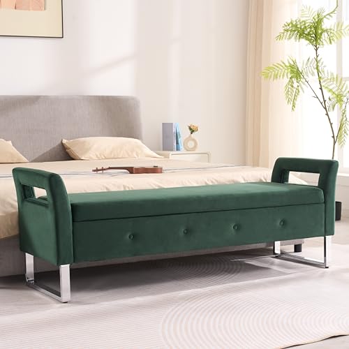 Storage Bench for Bedroom, 67.9'' End of Bed King Size Green Ottoman Upholstered Velvet Shoe Bench for Entryway, Hallway, Bedroom, Cloakroom, Window Bench, Green.