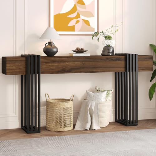 71 Inch Long Console Table, Extra Thick Industrial Sofa Table Behind The Couch Rectangular Entryway Table for Entrance Hallway Living Room, Entire top Board & 4-Pipe Legs, Walnut