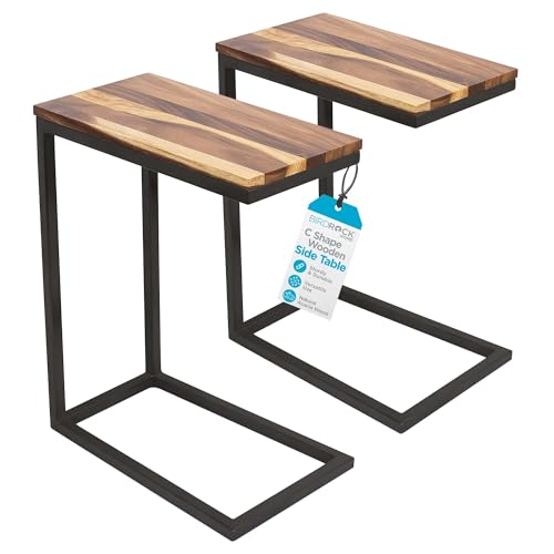 C Shaped End Table for Couch Set of 2 - Modern Industrial TV Tray with Solid Acacia Wood Top and Metal Frame - Small Side Table for Small Spaces, Living Room, or Bedroom (Natural)