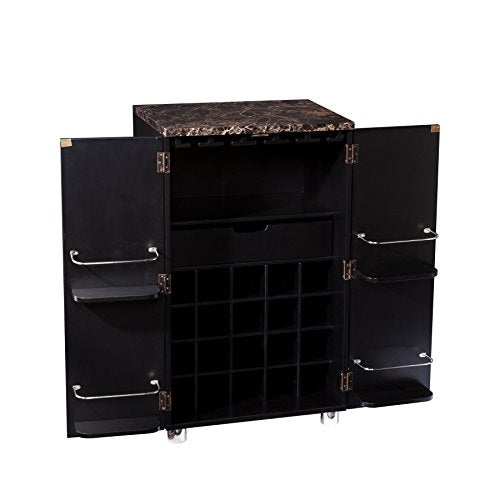 Cape Town Bar Cabinet w/Wine Storage, Faux Marble Countertop with Black Finish
