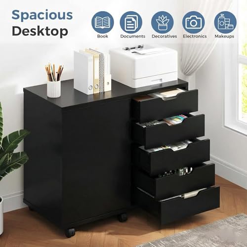 5 Drawer File Cabinet Office Drawers Organizer with Wheels Rolling, Under Desk Cabinets with Shelves and Door Printer Stand with Wood Board Metal Frame for Home Office Storage Craft Room, Black