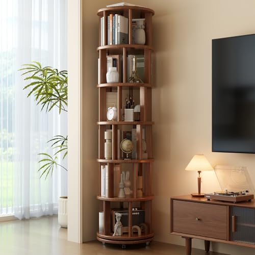 6 Tier Rotating Bookshelf Tower, Solid Wood Bookshelf on Wheels, Circular Book Shelf Rotating, Revolving Bookcase for Small Spaces, Corner Book Case, Spinning Book Shelf for Bedroom, Walnut
