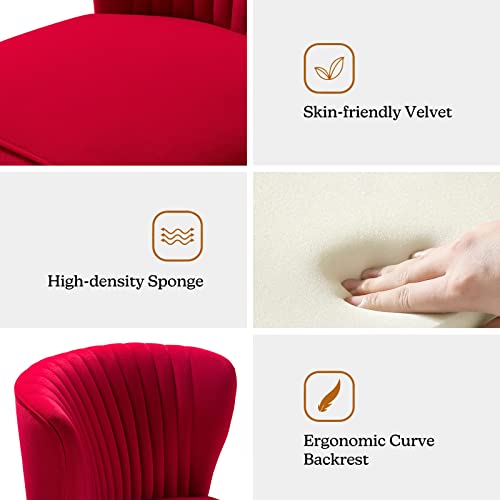 Velvet Armless Accent Chair, Upholstered Modern Small Side Chair with Golden Legs, Comfy Cute Wingback Slipper Chair for Living Room, Study, Beauty Room, Thickly Padded(RED)
