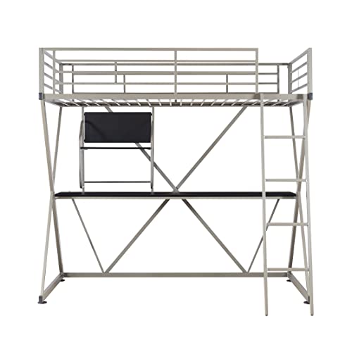 Powell Furniture Z-Bedroom Metal Pewter Powder Coated Twin Size Loft Study Bunk Bed with Computer Desk