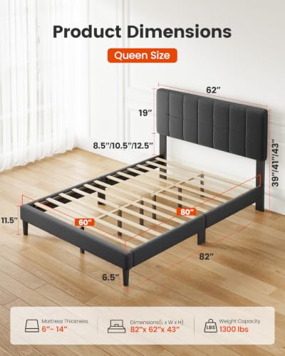Amada Queen Bed Frame Upholstered Platform Bed with Adjustable Headboard, view 7