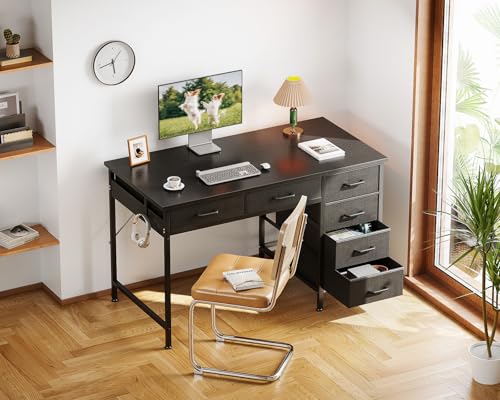 Computer Desk with 6 Drawers, 40 Inch Small Desk with Storage, Reversible Desk with Headphone Hook for Home Office, Work Study Table for Bedroom, Black
