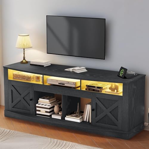 TV Stand with Curved Desktop for 75/80 Inch TVs, Black | Entertainment Center with LED Lights, Media Furniture TV Table with with Power Outlet, TV Consoles for Living Room