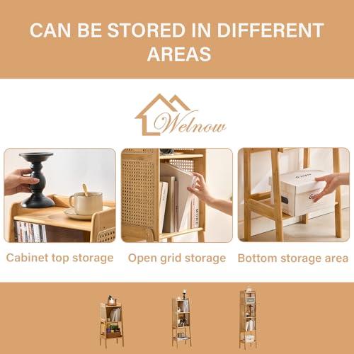 Bamboo Rattan Bookcase with Cabinet, 3-Tier Storage Shelf with Side Table & End Table Function, Large Modern Wood Organizer for Living Room or Bedroom, Natural Bookshelf
