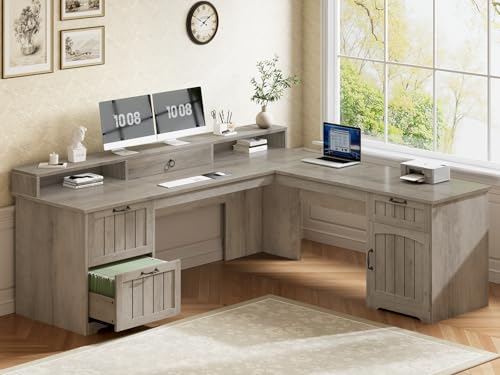 Farmhouse 63" L Shaped Desk with Drawers and Storage Cabinet, view 2