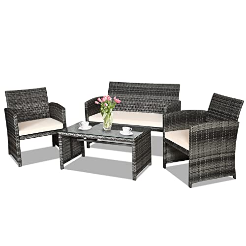 4-Piece Rattan Patio Furniture Set, Outdoor Wicker Conversation Sofa with Weather Resistant Cushions and Tempered Glass Tabletop for Lawn Backyard Pool Garden (Beige)