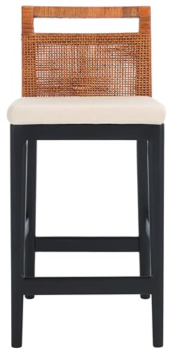 SAFAVIEH Furniture - Darin Counter Stool - Brown & White - Solid Wood - Coastal Upholstered Design - Ideal for Kitchen, Bar Area, Dining Room - Fully Assembled (BST4001D)