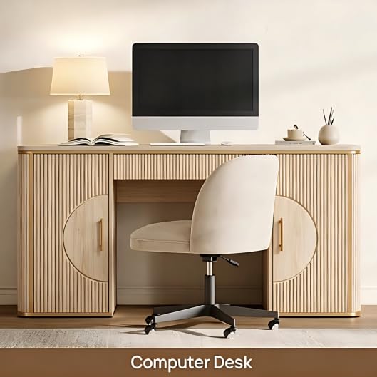 60" Fluted Writing Desk, Wooden Long Home Office Computer Desk with Drawer & Storage Cabinet, Modern Writing Table with Charging Station, High Executive Desk, Bedroom, Nature Oak, Set of 2