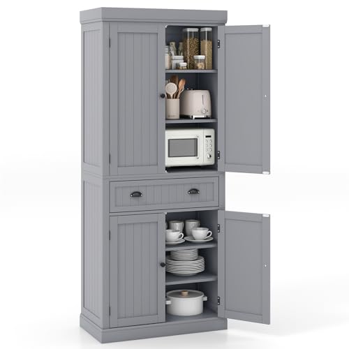 72" H Kitchen Pantry Cupboard Cabinet, Traditional Freestanding Large Tall Storage Cabinet with 2 Cabinets and Drawer, Adjustable Shelves, for Living Room Kitchen, 30 x 16 x 72 Inch