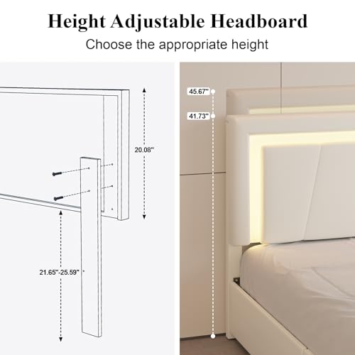Full Size Bed Frame with 4 Storage Drawers, LED Light, White Upholstered, view 7
