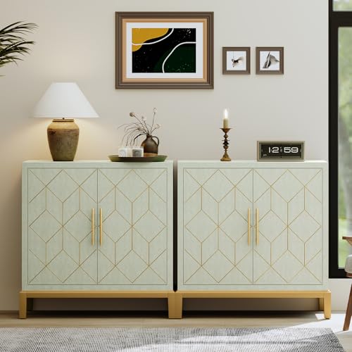 Green Accent Cabinet with Gold Trim,Storage Cabinet with 2 Doors,Modern Wooden Sideboard for Living Room, Kitchen, Office and Hallway