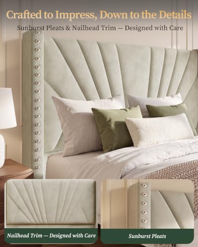 Queen Bed Frame 55" Velvet Upholstered Platform Bed, Art Deco, Cream White, view 7