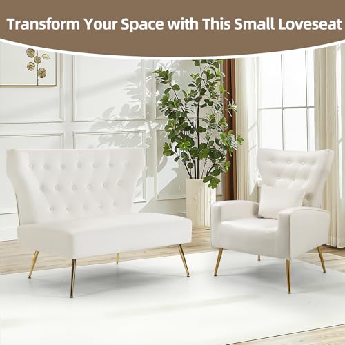 Small White Velvet Sofa, Soft Upholstered 40’’ Armless Loveseat Couch with High Density Foam, Modern Tufted Cushion with Gold Legs for Bedroom, Dorm, Apartment, Girls, Teens, Easy Assembly