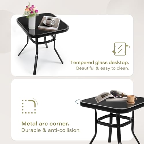 3-Piece Outdoor Rocking Chairs Bistro Set, Black Iron Patio Furniture with Brown Thickened Cushion & Glass-Top Coffee Table