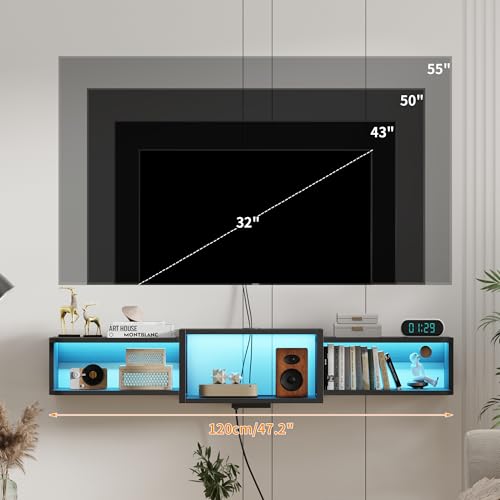 Floating TV Stand with LED, 47.3" USB Charging, Black, view 7