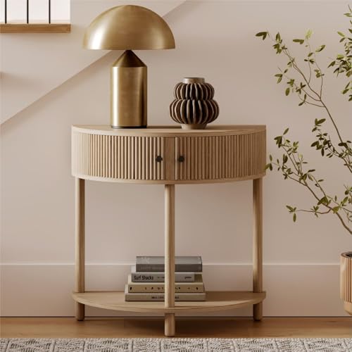 Fluted Half Moon Shaped Console Table, Small Entry Desk, Living Room Furniture, Modern Home Decor, Solid Wood Entryway Table with Two Doors and Black Knobs (Natural Oak)