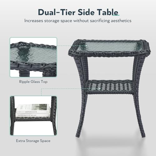6 Piece Patio Furniture Set - Wicker Patio Conversation Set with Swivel Glider, 3-Seater Sofa, Tempered Glass Side Table and 2 Ottomans for Deck Backyard - Black Wicker Beige Cushion