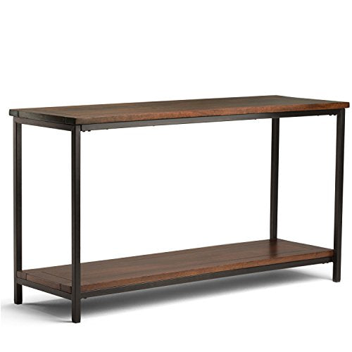 Skyler Console Table - 54 Inch Wide Solid Mango Wood and Metal Sofa Table in Dark Cognac Brown, Industrial Entryway Table for Living Room with Open Bottom Shelf and Black Steel Frame