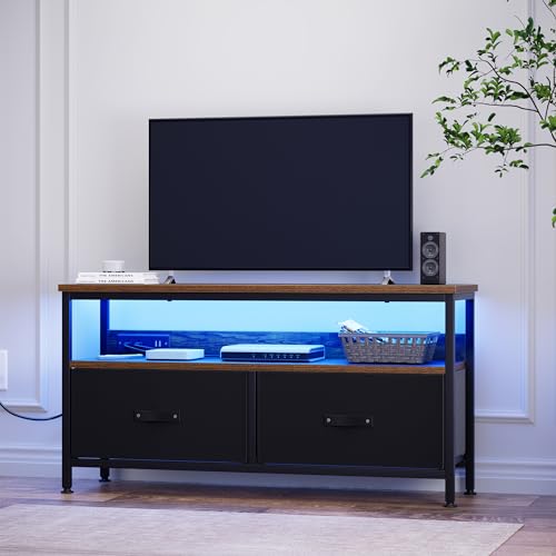 39" TV Stand for TVs up to 50", Media Console with Charging Station & LED Lights, 2 Drawer Storage Chest, Gaming Entertainment Center with Storage for Living Room, Brown, Medium