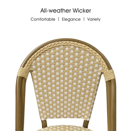 Bistro Chair (Set of 2) French Hand-Woven Wicker Chairs for Outdoor Patio Porch Garden Indoor, Bamboo Print Finish, Cream Yellow, Dining Chairs