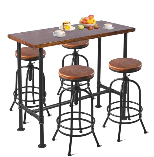 Industrial Bar Table Set with 4 Adjustable Height Bar Stools, Solid Wood Counter Height Pub Table & Rustic Metal Frame Stools, Vintage Kitchen Breakfast Bar Table Set for Home Bar, Bistro, Café