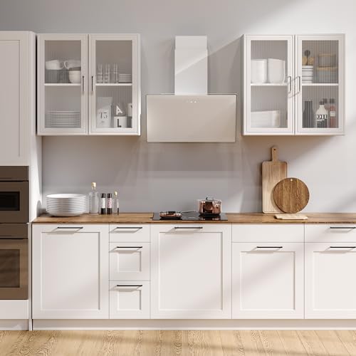 48" Kitchen Wall Cabinets 4 Doors - Laundry Upper Wall Amount Storage Cabinets with Acrylic Soft Glass Doors, in White, One Set of 2 Pieces