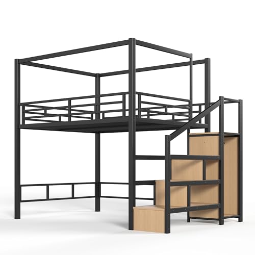 Queen loft Bed with Storage Stairs, Wardrobe, LED, Canopy Support Pole, view 8