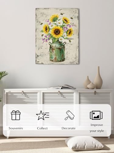 NuYeBiofx Summer Sunflower Daisy Flower Canvas Wall Art Prints,40"x28" Framed Picture Artwork Rustic Bee Retro Mottled Texture Printed Canvas Oil Painting for Living Room Bedroom Office,Ready to Hang