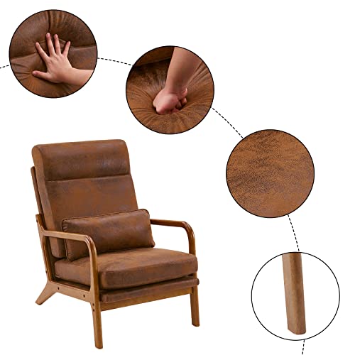 Accent Chair High Back Mid-Century Modern, Brown | Bronzing Cloth Upholstered, Walnut Color Solid Rubber Wood Frame, Soft Cushion with Pillow, For Living Room, Bedroom, Balcony