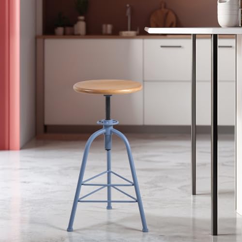 Bar Stools, Set of 2 Solid Wood Metal Breakfast Stools, 24"-28.35" Barstools for Dining Room Kitchen Home Counter Bar Height Adjustable Swivel Round Seat 3 Legs, Blue & Oak