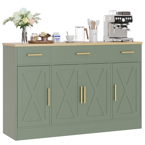 Buffet Cabinet with Storage,53.4" Large Kitchen Storage Cabinet with 3 Drawers and 4 Doors,Wood Farmhouse Buffet Sideboard with Adjustable Shelf for Kitchen Living Room, Green