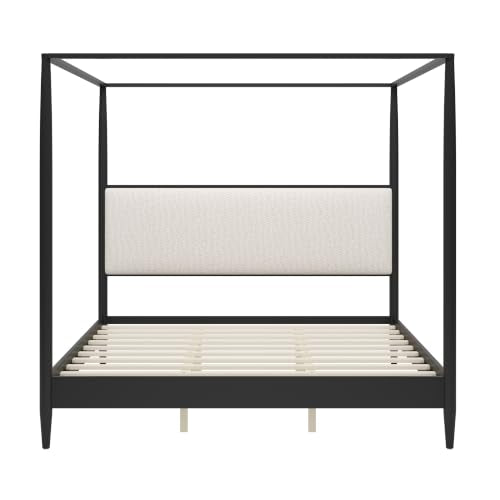 King Size Solid Wood Canopy Bed Frame with Upholstered Headboard, view 8