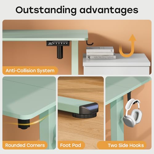 Small Electric Standing Desk, 35" ×20" Standing Table, Height Adjustable Compact Sit Stand Workstation with Splice Board, Home Office Desk with 2 Hooks, Sage Green