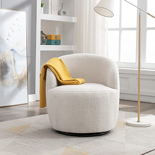 Swivel Barrel Chair, Teddy Sherpa Upholstered Modern Round Accent Arm Chairs, 360 Degree Swivel Small Single Sofa Armchair for Nursery Living Room Bedroom (Teddy, Ivory)