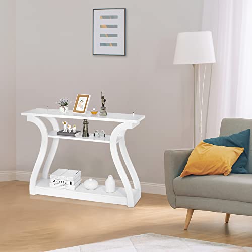 Wood Console Table with Curved Legs and Shelf, 3 Tier Modern Accent Sofa Table for Entryway, Living Room, Hallway, 47 in Wide, Easy Assembly (White)
