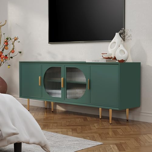 TV Stand with Storage, 66" Modern TV Entertainment Center for TVs up to 75 Inch, Under TV Cabinet with Glass Door, TV Console Media Center for Living Room, Bedroom Green