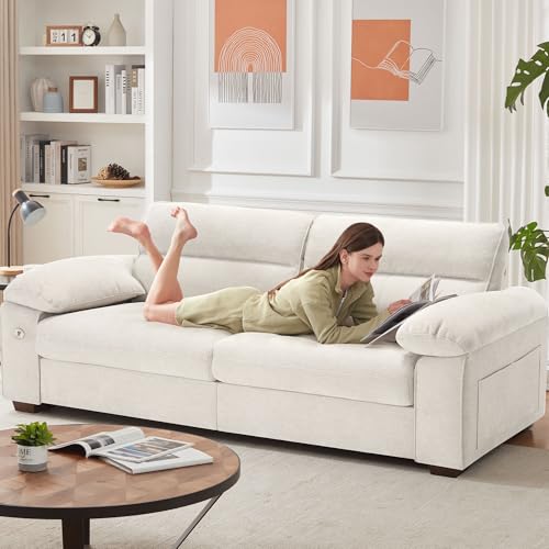90.5" Modern Sofa 2-Seater Couch for Living Room, Chenille Pillow-Armrest with Extra Large Seat Width, USB/Type-C Charging Port & Side Pocket, Removable Medium Firm Cushion(Beige)