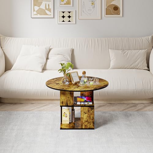 Round Coffee Table with Storage,3-Tier Coffee Table for Living Room,Wooden Tabletop-Caramel Brown with Black Frame